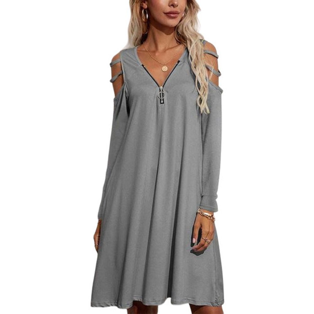 Vrkufie Gray Zipper V Neck Cutout Long Sleeve Shift Dress Size M